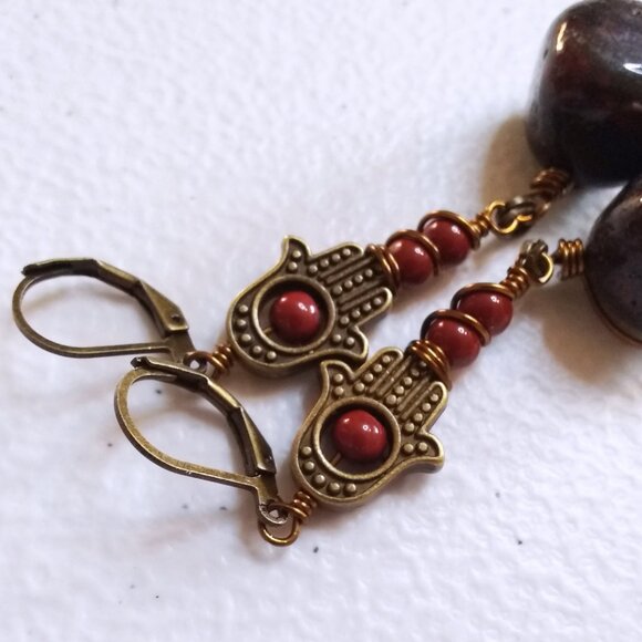 Hamsa Hand Dangle Earrings! Blessings & Protection! Huge Blood Red Stone Nuggets - Picture 2 of 11